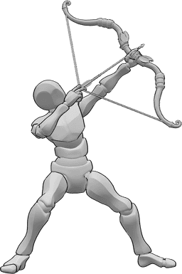 Référence des poses- Homme visant vers le haut - Homme tenant un arc et le pointant vers le haut, pose de tir à l'arc masculin, pose de tir à l'arc
