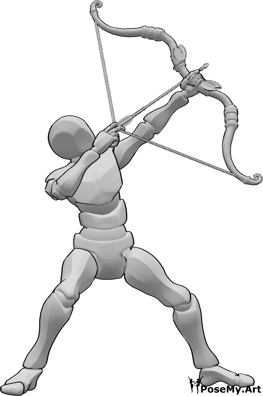 Pose Reference- Male aiming upwards pose - Male is holding a bow and aiming it upwards, male archery pose, bow aiming pose