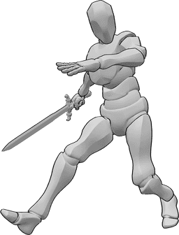 Pose Reference- Male running swinging pose - Male is running and swinging his sword in his right hand, looking to the left