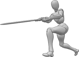 Referencia de poses- Postura de mujer blandiendo la espada - Mujer sosteniendo la espada con ambas manos, mirando hacia la izquierda, pose femenina balanceando la espada