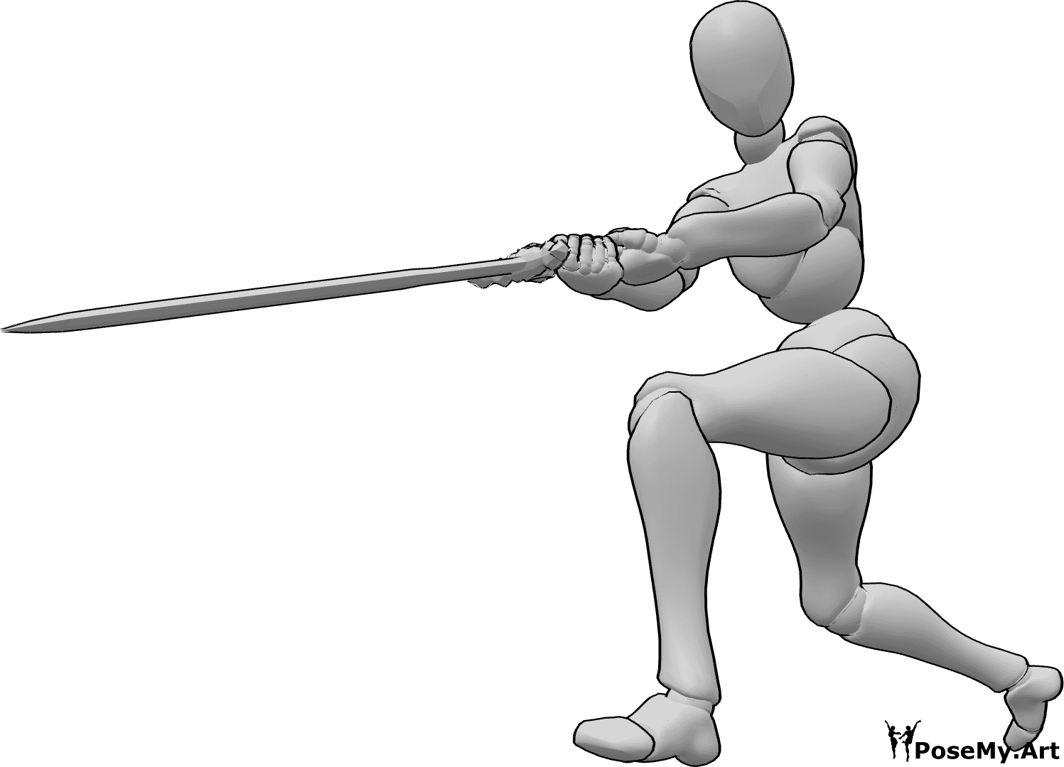 Posen-Referenz- Weibliche Pose mit schwingendem Schwert - Frau hält das Schwert mit beiden Händen, Blick nach links, weibliche Schwertschwinger-Pose