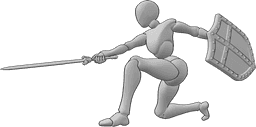 Referência de poses- Pose feminina de espada e escudo - A mulher segura uma espada na mão direita e um escudo na mão esquerda