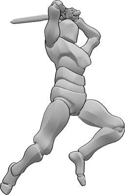 Referencia de poses- Postura de hombre saltando - El macho está saltando y blandiendo su espada hacia atrás con ambas manos