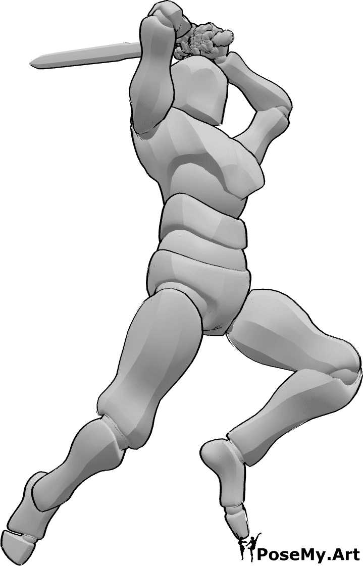 Posen-Referenz- Männliche springende schwingende Pose - Das Männchen springt und schwingt sein Schwert mit beiden Händen zurück