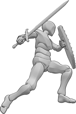 Référence des poses- Homme épée bouclier pose - L'homme court, tient un bouclier et brandit son épée de la main droite.