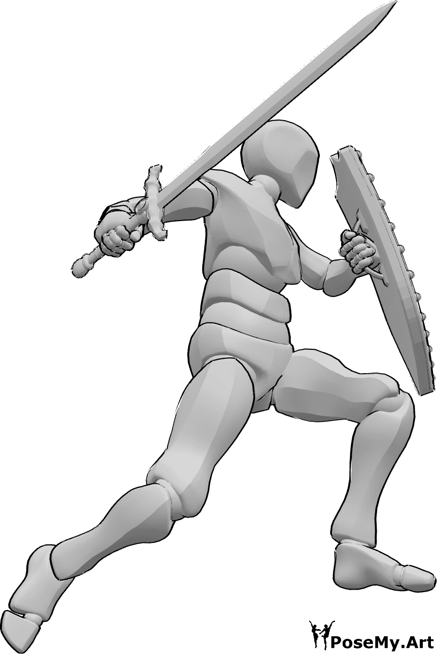 Référence des poses- Homme épée bouclier pose - L'homme court, tient un bouclier et brandit son épée de la main droite.