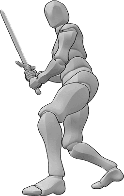 Pose Reference- Male both hands swinging pose - Male is standing, holding a sword with both hands and looking to the left
