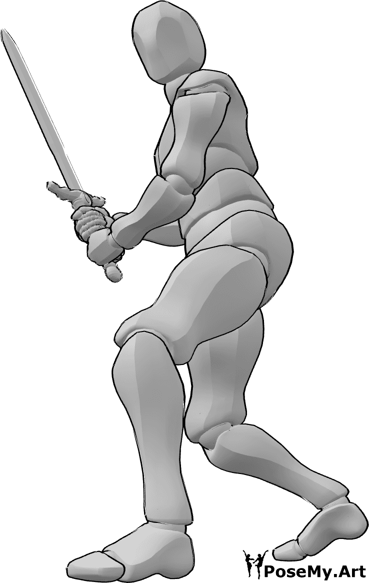 Référence des poses- Pose de l'homme se balançant des deux mains - Homme debout, tenant une épée à deux mains et regardant vers la gauche