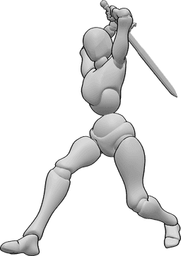 Referência de poses- Pose feminina de balanço com as duas mãos - A mulher está de pé e balança a espada para trás com as duas mãos