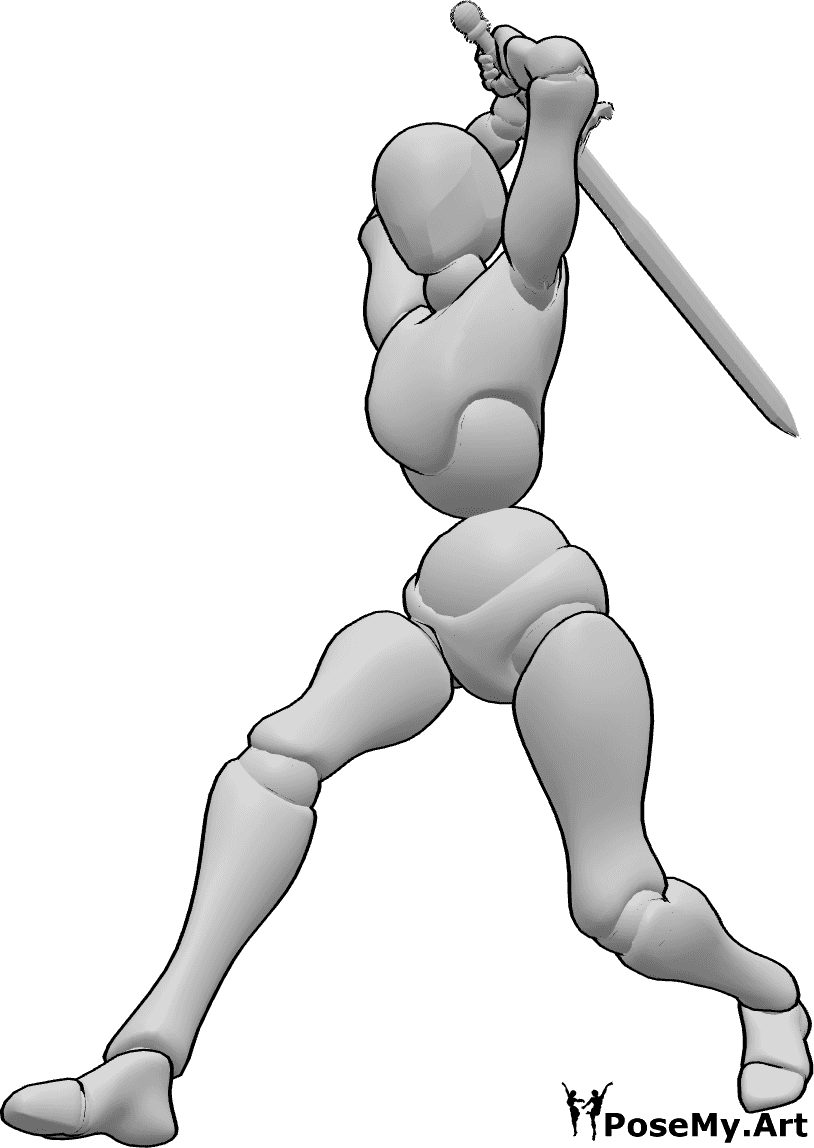 Posen-Referenz- Weiblich beide Hände schwingen Pose - Die Frau steht und schwingt ihr Schwert mit beiden Händen zurück