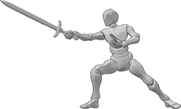 Riferimento alle pose- Posa della spada in avanti - L'uomo è in piedi e brandisce la spada in avanti con la mano destra.