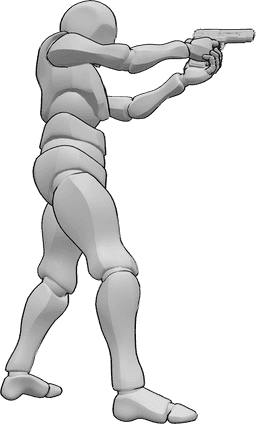 Pose Reference- Forward shooting pose - Male is standing and holding his pistol with both hands and aiming