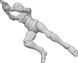 Riferimento alle pose- Posa di ripresa in salto - L'uomo sta saltando, cadendo mentre tiene la pistola con entrambe le mani e spara