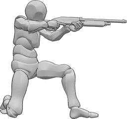 Referencia de poses- Postura de disparo de escopeta - Varón arrodillado, sujetando la escopeta con ambas manos, apuntando y disparando pose