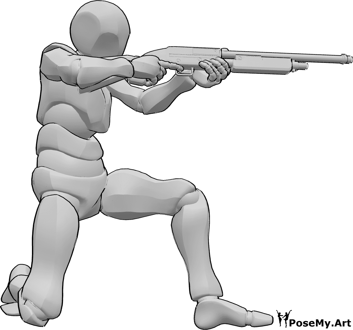 Referência de poses- Pose de tiro com caçadeira - Homem ajoelhado, segurando a caçadeira com as duas mãos, fazendo pose de pontaria e disparando