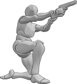 Referência de poses- Pose de tiro ajoelhado - Homem ajoelhado, segurando uma arma com as duas mãos e fazendo pontaria, disparando
