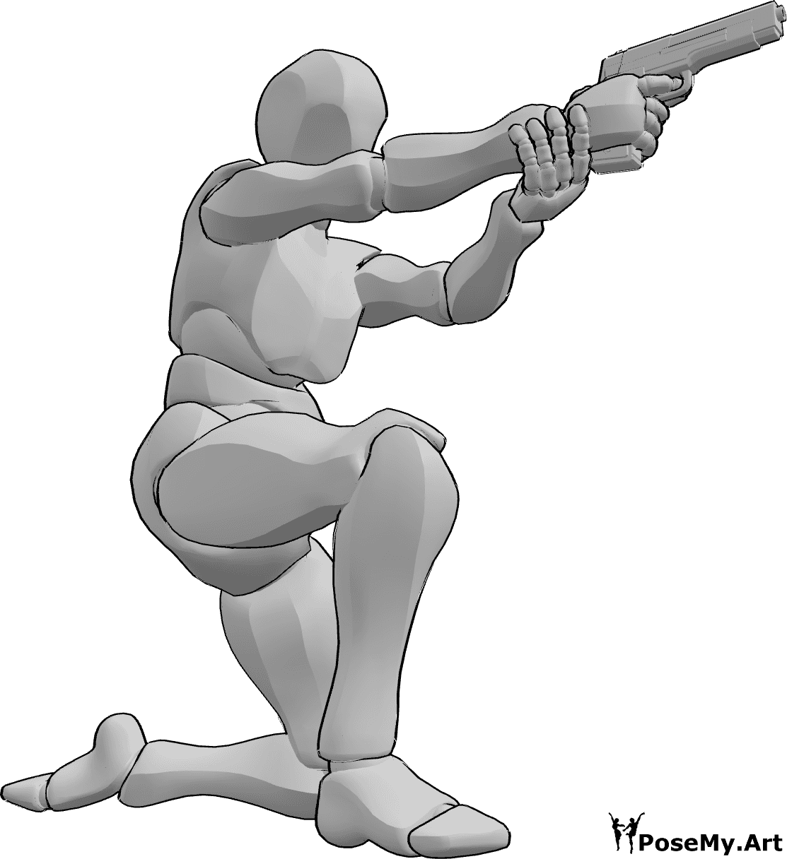 Pose Reference- Kneeling shooting pose - Male is kneeling, holding a gun with both hands and aiming, shooting