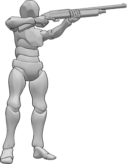 Pose Reference- Standing shooting pose - Male is standing, holding a shotgun with both hands and aiming, shooting
