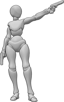 Riferimento alle pose- Posa di tiro con la pistola - Donna in piedi, tiene le pistole in entrambe le mani e spara con la mano sinistra