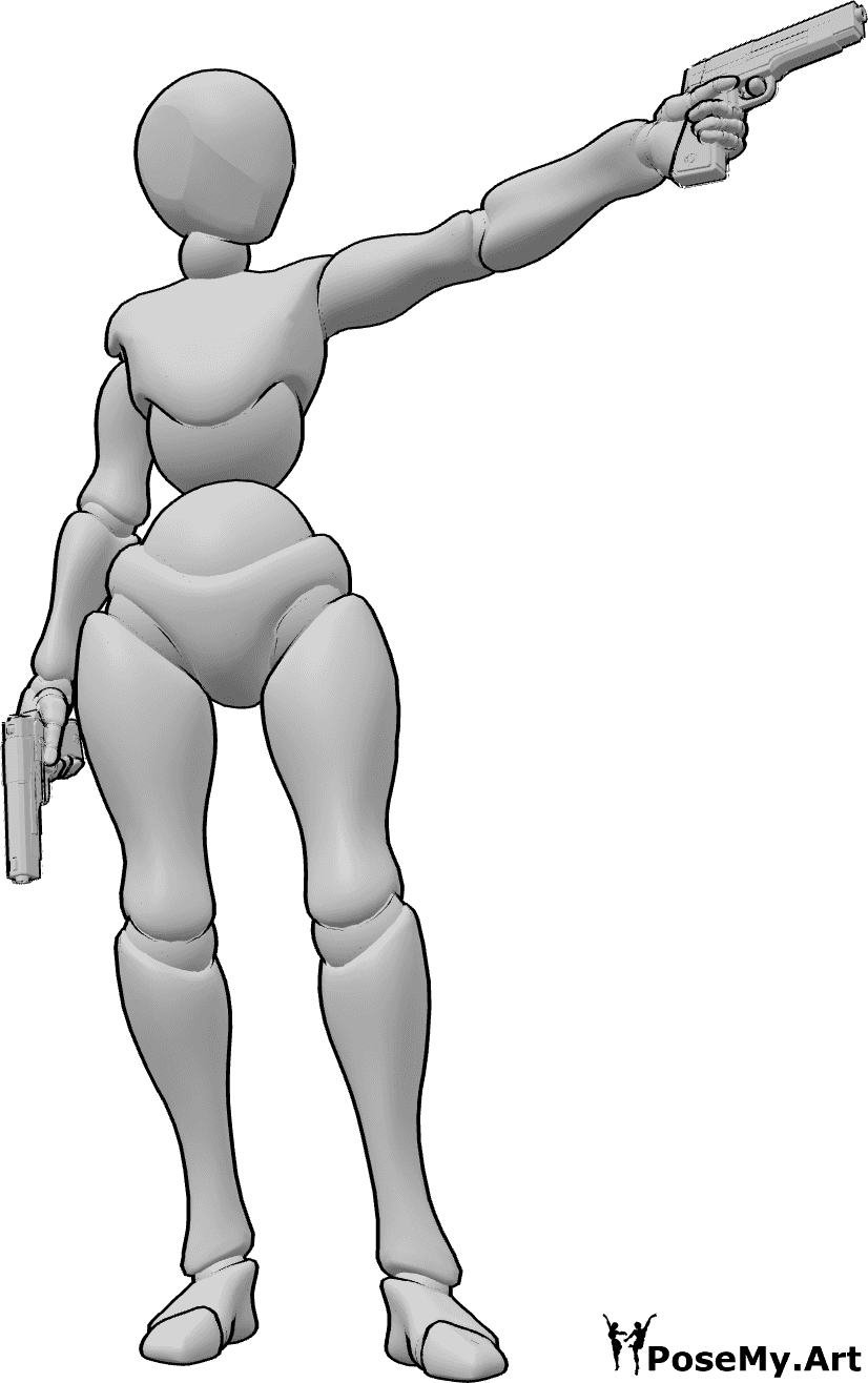 Referência de poses- Pose de tiro com pistola - Mulher de pé, com pistolas nas duas mãos e a disparar com a mão esquerda