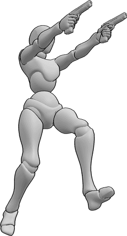 Référence des poses- Prise de vue d'une pose d'action - La femme tient des armes à deux mains et vise, elle tire vers l'avant tout en sautant.