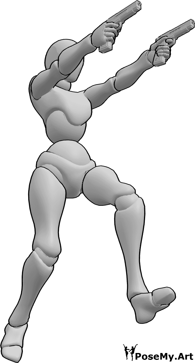 Referência de poses- Pose de ação fotográfica - Mulher segura armas com as duas mãos e faz pontaria, disparando para a frente enquanto salta
