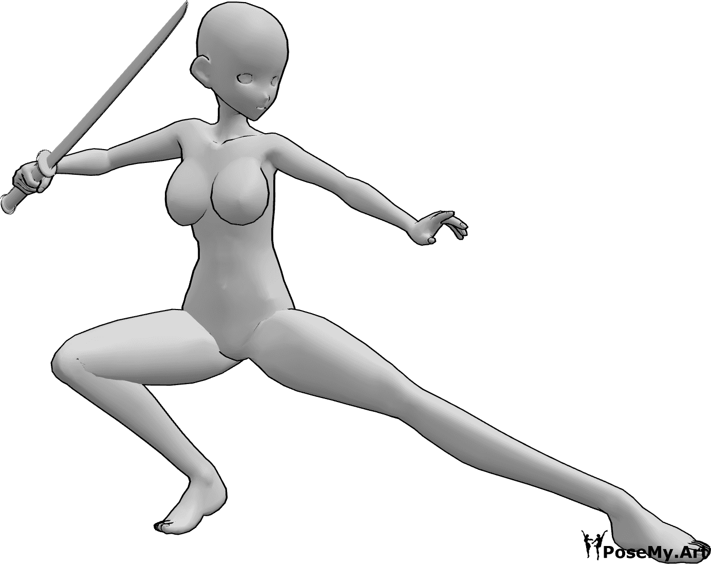 Riferimento alle pose- Posa da combattimento con katana in stile anime - Anime femminili accovacciate che tengono una katana nella mano destra e guardano a sinistra.