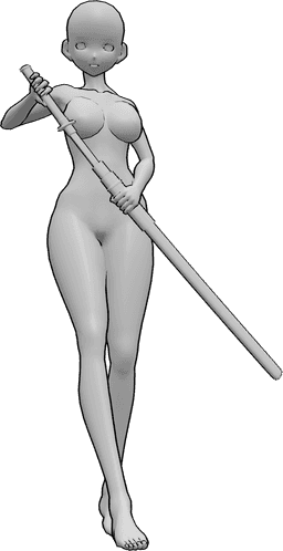 Referência de poses- Desenho de anime pose de katana - A mulher de anime está de pé e tira a sua katana da bainha
