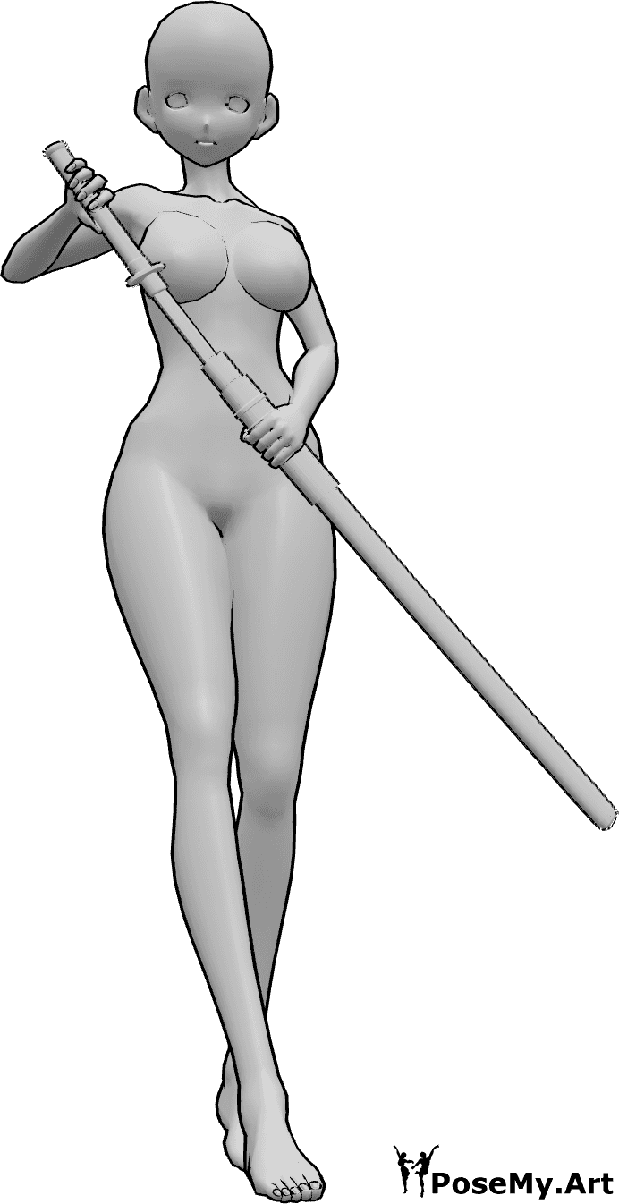 Posen-Referenz- Anime Zeichnung Katana Pose - Anime-Frau steht und zieht ihr Katana aus der Scheide