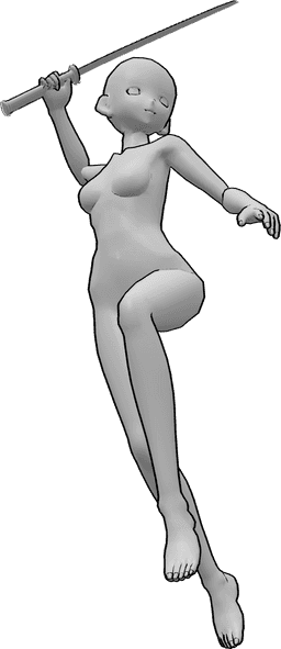 Référence des poses- Pose du katana en sautant et en se balançant - Une femme animée saute et balance son katana haut dans sa main droite.
