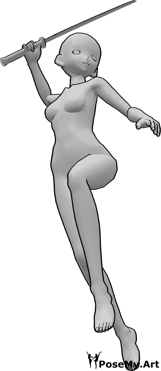 Referência de poses- Pose da katana com salto - A mulher anime está a saltar e a balançar a sua katana bem alto na mão direita