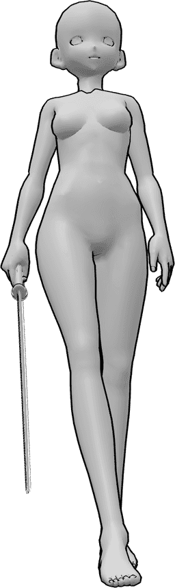 Referencia de poses- Postura de caminar con katana - Mujer anime camina tranquilamente, sosteniendo una katana en su mano derecha.