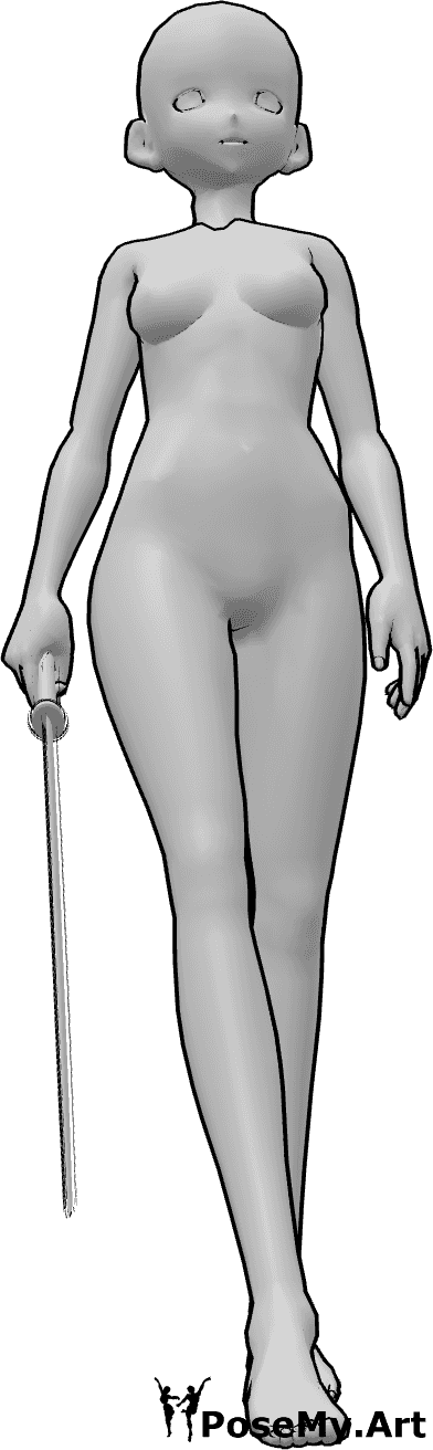 Riferimento alle pose- Tenere la katana in posizione di camminata - Una donna antropomorfa cammina con calma, tenendo una katana nella mano destra.