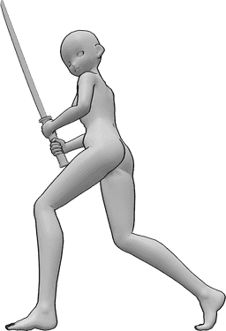 Referência de poses- Anime com pose de katana - Uma mulher anime está de pé e segura uma katana com as duas mãos, olhando para a esquerda