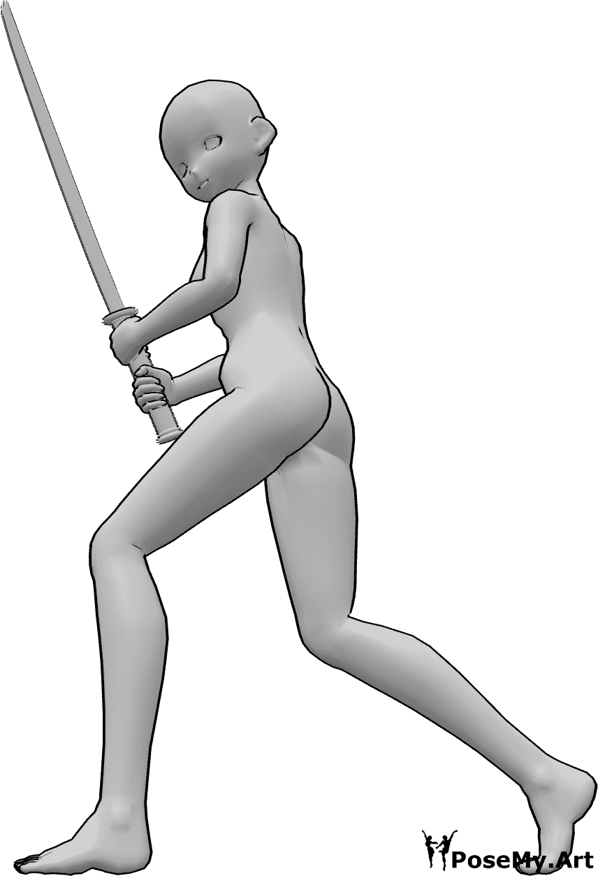 Referência de poses- Anime com pose de katana - Uma mulher anime está de pé e segura uma katana com as duas mãos, olhando para a esquerda