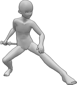 Referência de poses- Segurar a katana em pose de agachamento - Homem anime está agachado e olha para a esquerda, segurando uma katana na mão direita