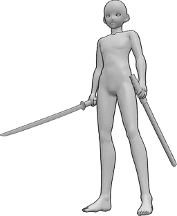 Posen-Referenz- Katana in stehender Pose halten - Anime-Männchen steht, hält ein Katana in der rechten Hand und eine Scheide in der linken Hand