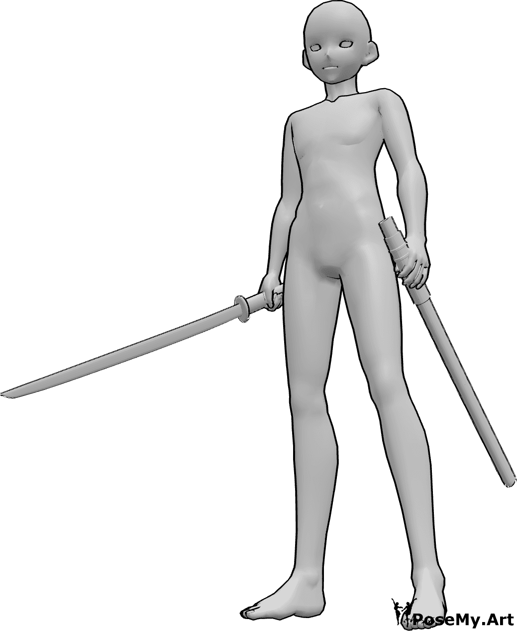 Pose Reference- Holding katana standing pose - Anime male is standing, holding a katana in his right hand and a sheath in his left hand