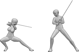 Referência de poses- Pose de luta com katana de anime - Uma mulher e um homem de anime estão em frente um do outro, segurando katanas e prontos para lutar