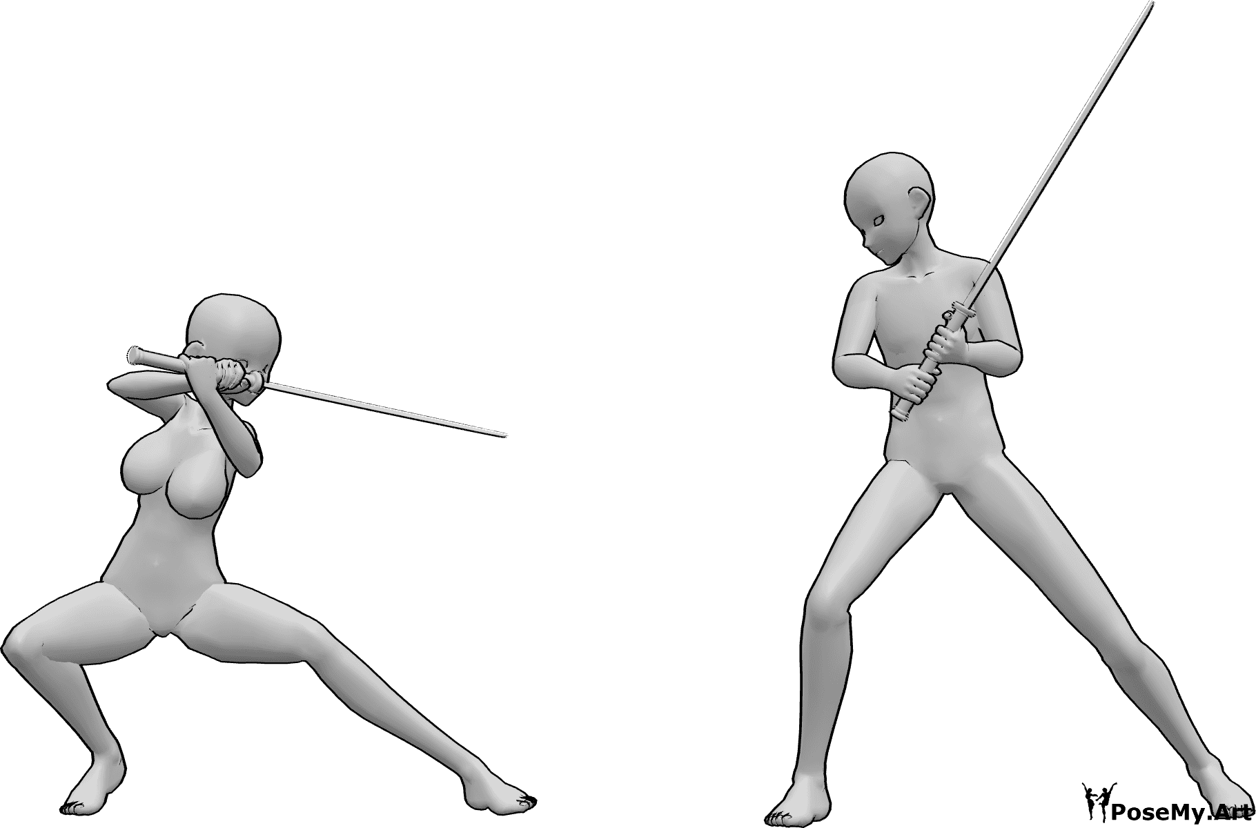 Referência de poses- Pose de luta com katana de anime - Uma mulher e um homem de anime estão em frente um do outro, segurando katanas e prontos para lutar