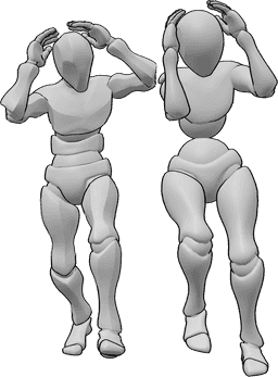 Posen-Referenz- Ängstliche Laufmasche - Frau und Mann fliehen vor etwas, sie rennen und schützen ihre Köpfe mit den Händen