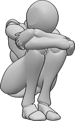 Referência de poses- Mulher assustada em pose de agachamento - A fêmea assustada está agachada e abraça os joelhos, escondendo-se de algo