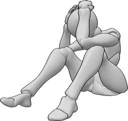 Posen-Referenz- Verängstigte weibliche Sitzpose - Verängstigte Frau sitzt und bedeckt ihren Kopf mit den Händen