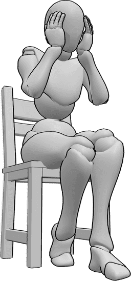 Referência de poses- Pose de mulher sentada em choque - A mulher está chocada com alguma coisa, está sentada e segura a cabeça