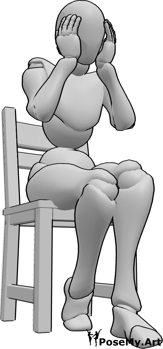 Referencia de poses- Mujer sentada y conmocionada - Mujer sorprendida por algo, sentada y sujetándose la cabeza.