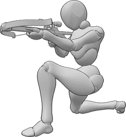 Pose Reference- Female crossbow aiming pose - Female is kneeling and aiming her crossbow, holding it with both hands