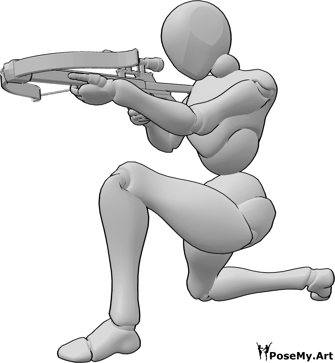 Pose Reference- Female crossbow aiming pose - Female is kneeling and aiming her crossbow, holding it with both hands