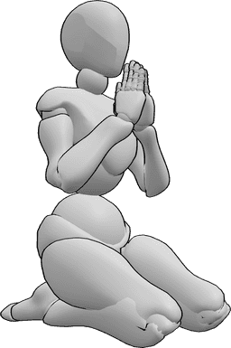 Référence des poses- Femme agenouillée en train de prier - La femme est assise à genoux et prie, en croisant les mains et en regardant vers l'avant.