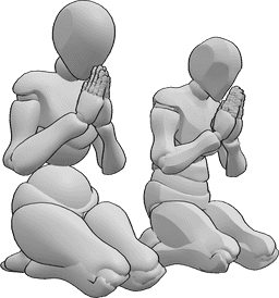 Referência de poses- Pose de oração de homem e mulher - Mulher e homem ajoelham-se um ao lado do outro e rezam