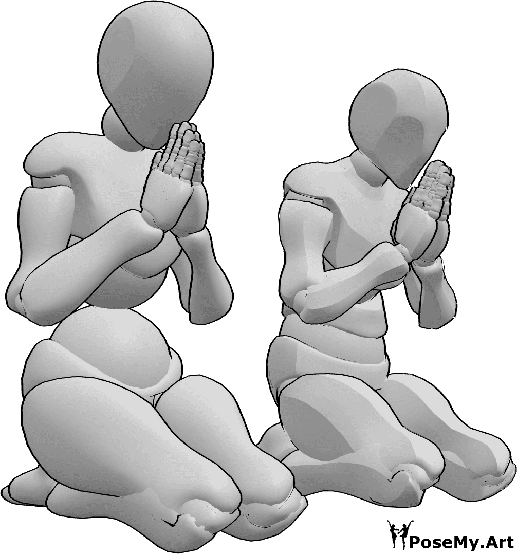 Pose Reference- Female male praying pose - Female and male are kneeling next to each other and praying